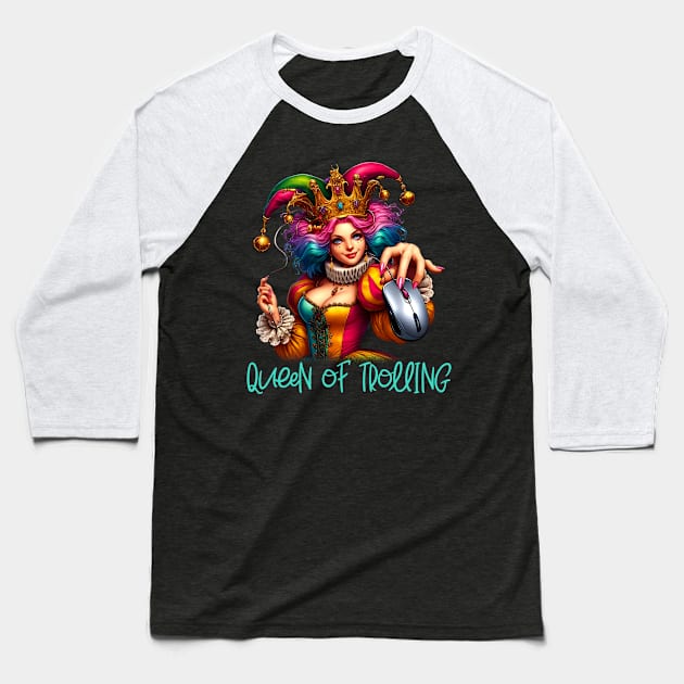 The Queen of Trolling - Whimsical Jester Crown & Computer Mouse Tee Baseball T-Shirt by JJDezigns